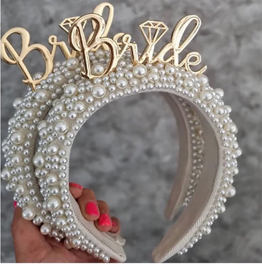 Bachelorette party Pearls headpiece | Gold writing